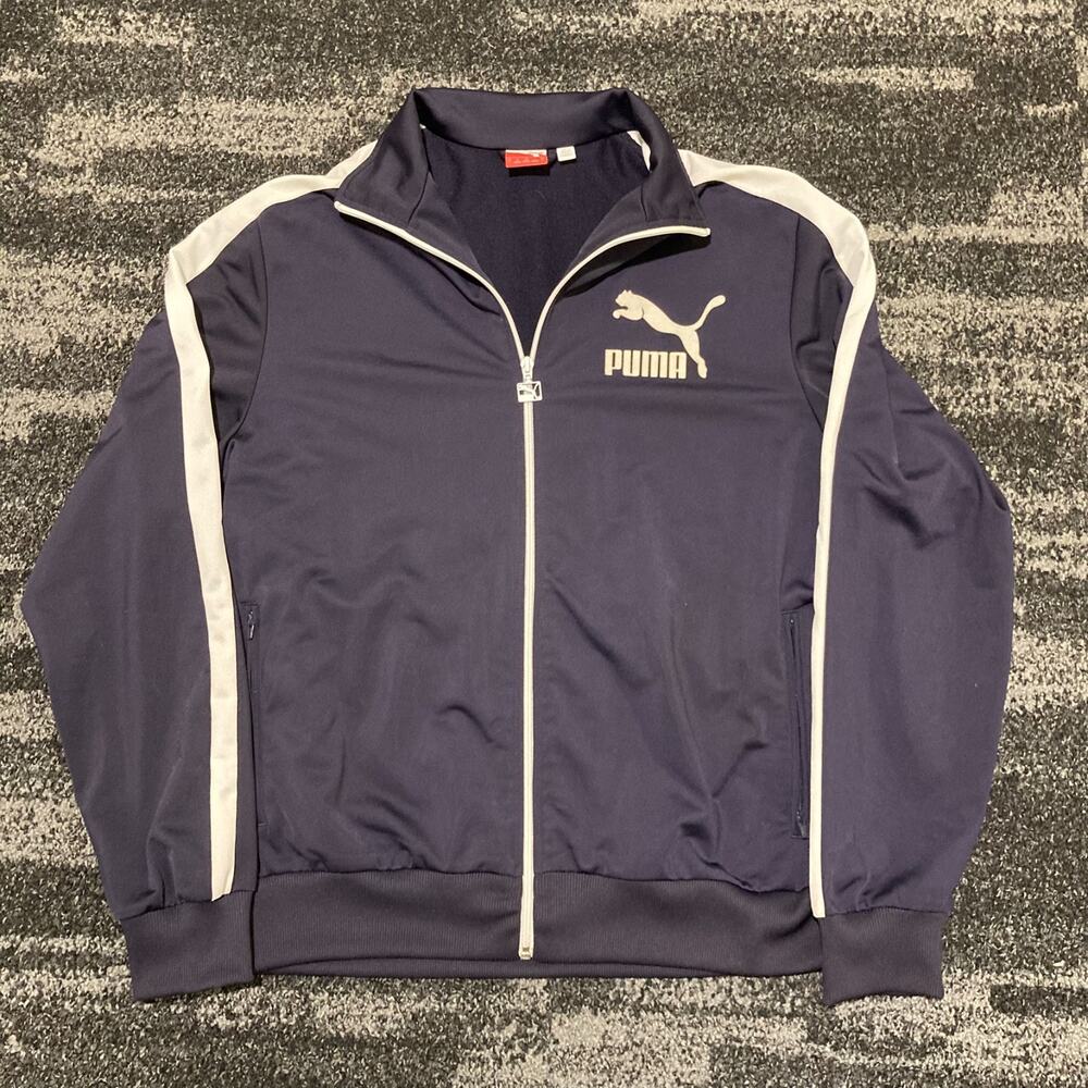 Retro Puma Heroes T7 Track Jacket Mens L Navy Blue White Striped Full Zip 557897